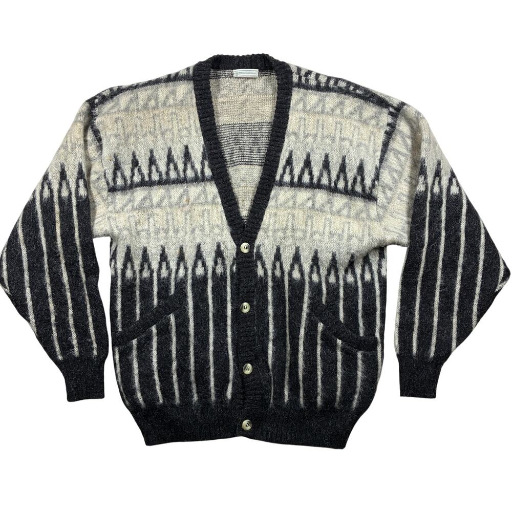 Vintage Alafoss Icewool Cardigan Large Cream/Black Printed Sweater Grandpa